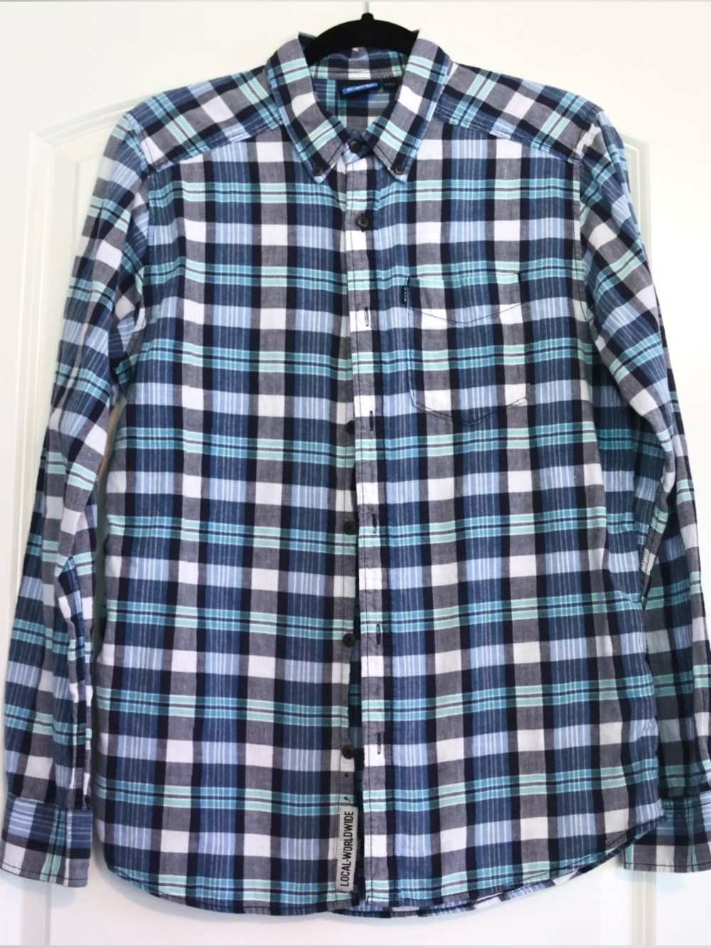 KAVU Men’s Small Plaid Long Sleeve Button Down Shirt Blue Green Outdoor